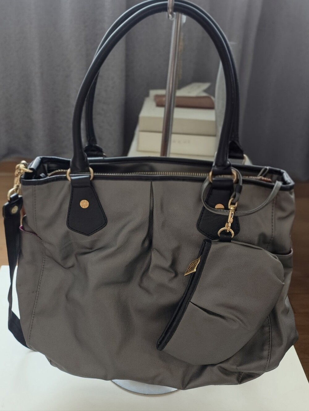MZ Wallace Tote Bag in Silver Gray Nylon, Black Leather Trim & Fuchsia Lining